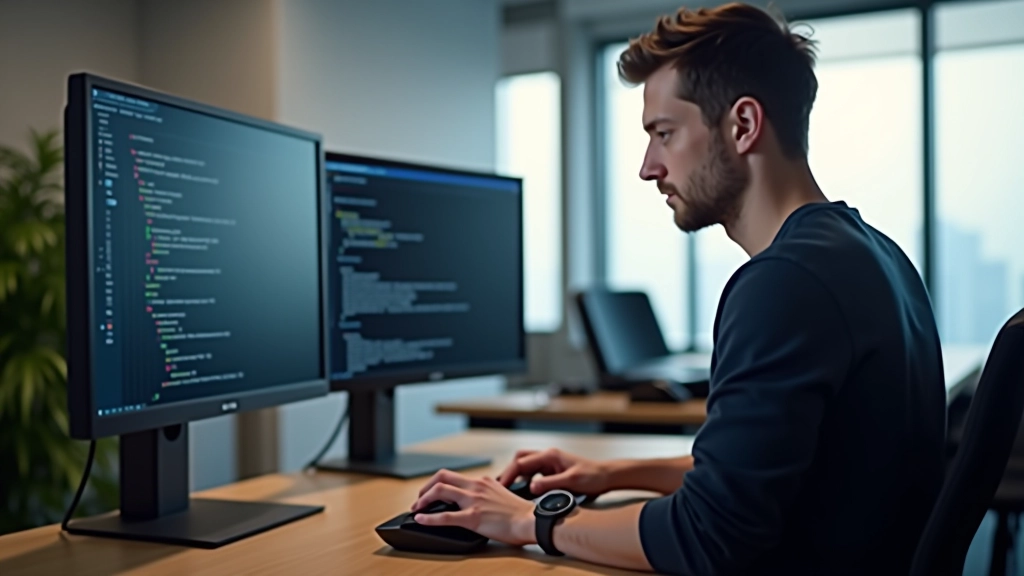 Developer working at desk with fast-loading application interface on multiple monitors