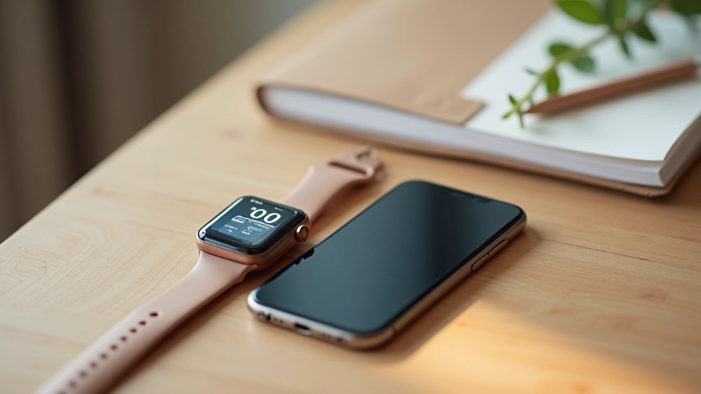 Smartphone and smartwatch displaying productivity apps and timer interfaces with organized task management screens