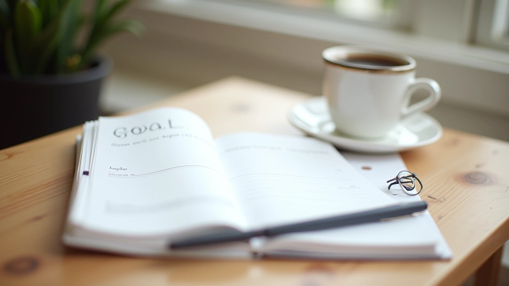 Notebook and pen on desk with goal-setting template and coffee cup, morning light, clean workspace