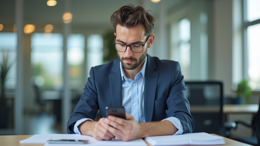 Professional workspace with phone showing a blocked calendar and a focused person working