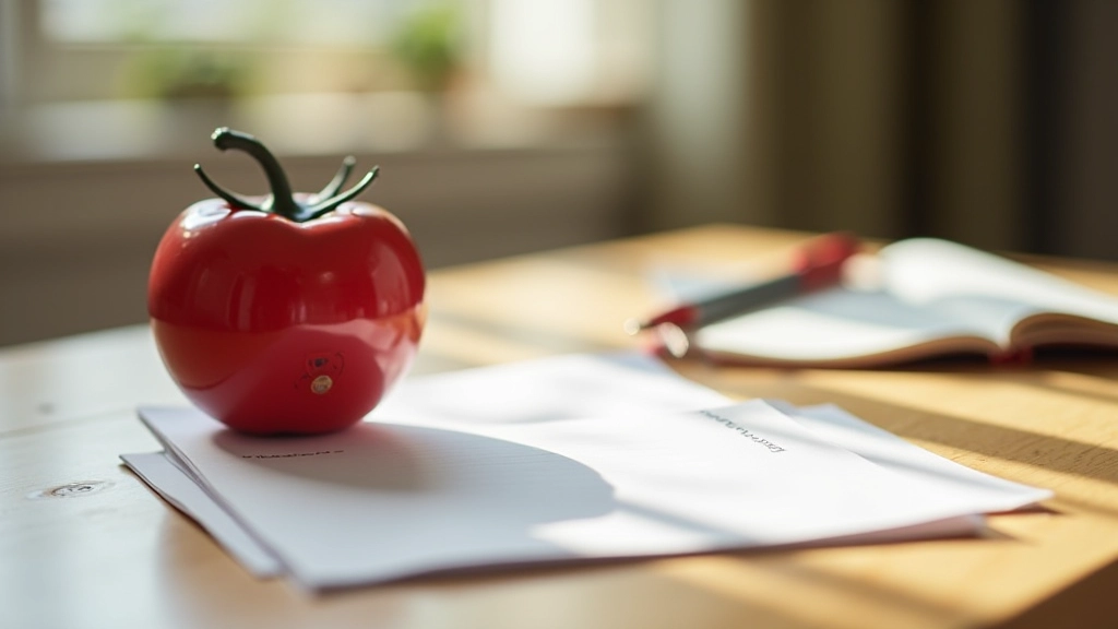 Pomodoro timer next to a notebook with task checklist and a pen on wooden desk