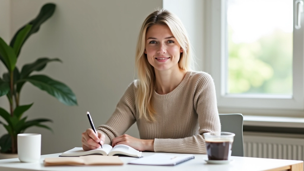Professional woman at desk writing goals in a journal with coffee and plant on side table